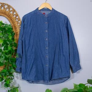 Chambray Band Collar Button Shirt Lagenlook Oversized Minimal Vtg | Soft Summer
